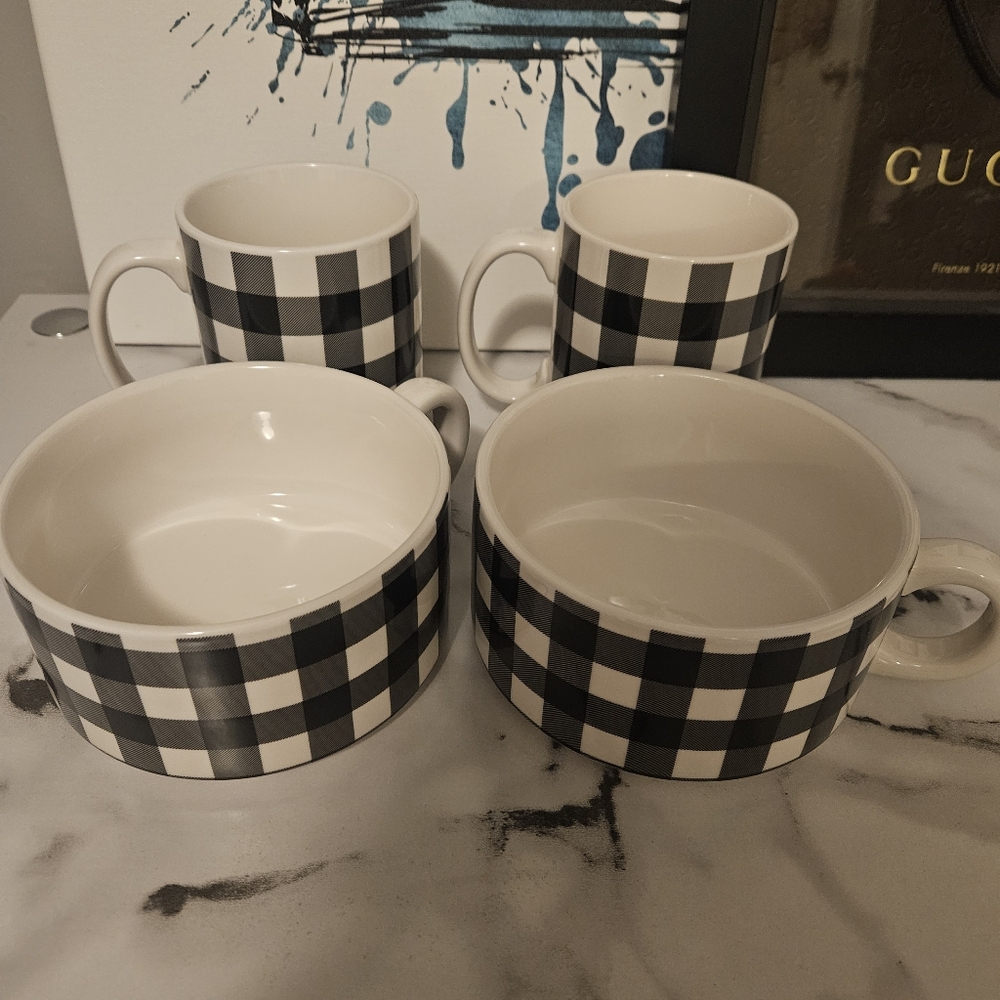 Sip Of Art Black & White Buffalo Plaid (2) Coffee Mug & (2) Soup Mug Set NWOT - Picture 3 of 4